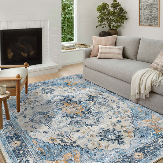 Pentantan Area Rugs for Living Room, Boho 9'x12' Washable Bedroom Rug, Non Slip Indoor Carpet, Blue