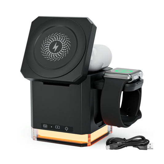 SANPTENT 3 in 1 Cube Wireless Charger, Foldable Charger Stand, 15W Fast Wireless Charging Station for iPhone 15/14/13/12 Series, Apple Watch, AirPods - Black