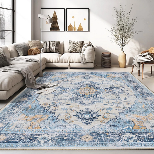 Pentantan Area Rugs for Living Room, Boho Washable Bedroom Rug, Non Slip Indoor Carpet, Blue