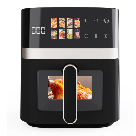 Bluebow 6QT Air Fryer, 8-in-1 Electric Hot Oven with Digital LED Touchscreen, Visible Window, 1500W, New, Black