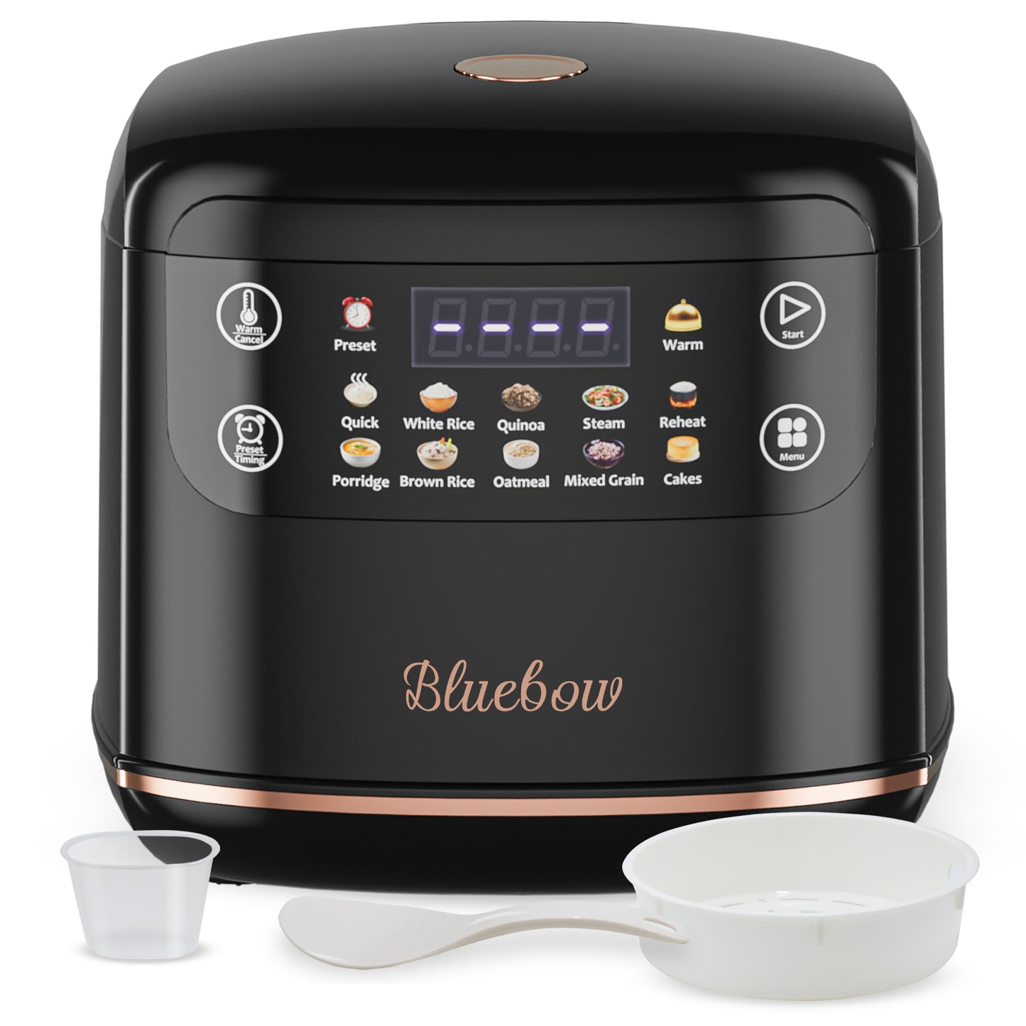 Bluebow Digital Rice Cooker, 6-Cup/2.1QT Small Rice Maker, 10 Presets, 24-Hour Delay Timer & Keep Warm, Non-Stick Inner Pot