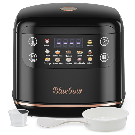 Bluebow Digital Rice Cooker, 6-Cup/2.1QT Small Rice Maker, 10 Presets, 24-Hour Delay Timer & Keep Warm, Non-Stick Inner Pot