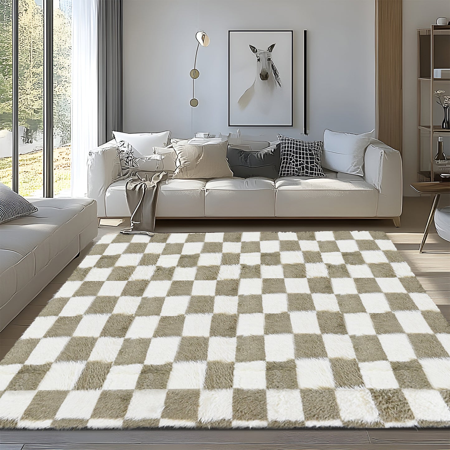 Geometric Shaggy Area Rugs for Bedroom, Moroccan Fluffy Living Room Carpet, Camel & White