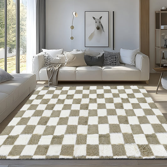 8ft x 10ft Shaggy Area Rugs for Bedroom, Classic Checkered Fluffy Living Room Carpet, Beige & White