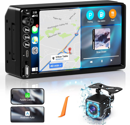 Lieucyst Double Din Car Stereo Compatible with Apple CarPlay & Android Auto, 7-Inch HD Touchscreen Car Radio with USB & Type-C Ports, Bluetooth, FM, Backup Camera, AUX/TF Input