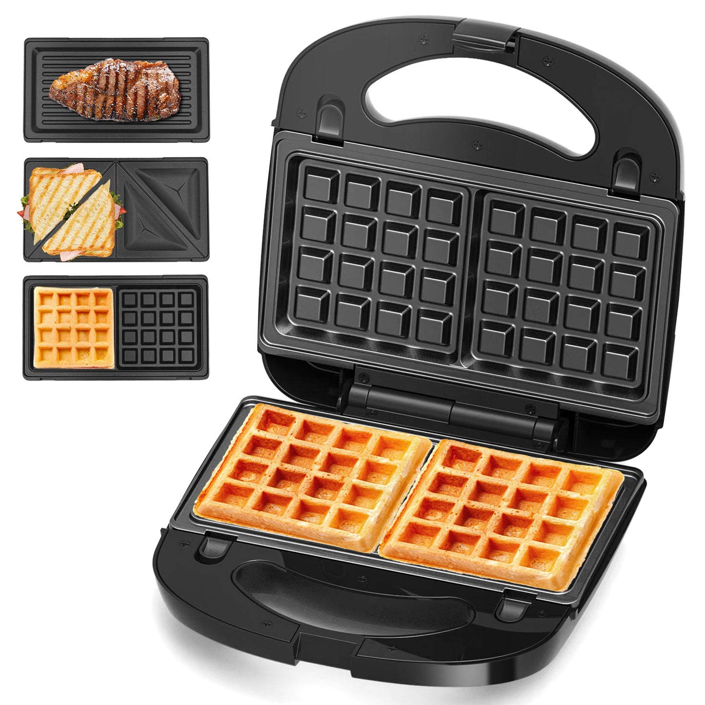 Bluebow 3 in 1 Waffle Maker, 2 Slice Breakfast Sandwich Maker with Removable Plates, Non-Stick Panini Press Grill, Indicator Light, 760W