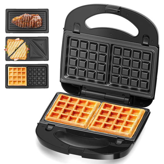 Bluebow 3 in 1 Waffle Maker, 2 Slice Breakfast Sandwich Maker with Removable Plates, Non-Stick Panini Press Grill, Indicator Light, 760W