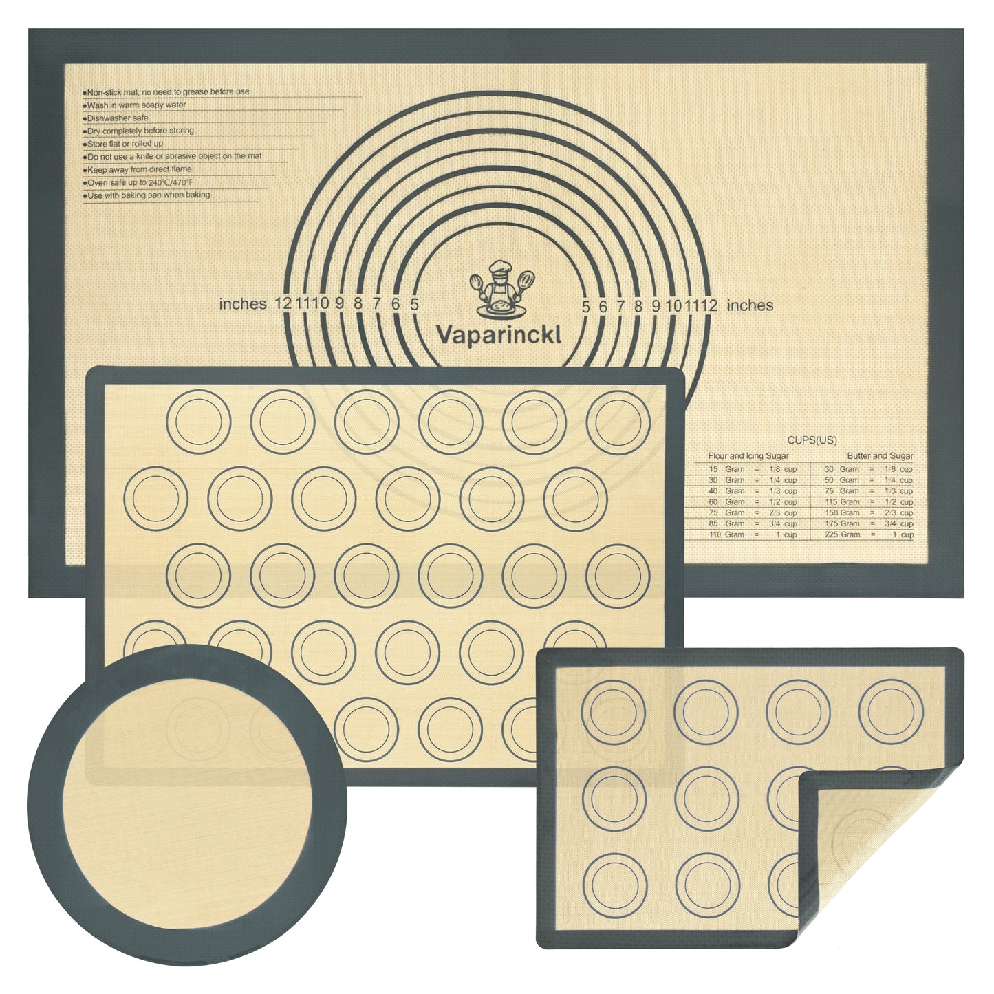 Vaparinckl Premium Silicone Baking Mat Set of 4, Pastry Dough 26"x16" Mat, Non-Stick Reusable Oven Sheet for Macaron, Cookie, Pizza, Fondant, Pan Liner