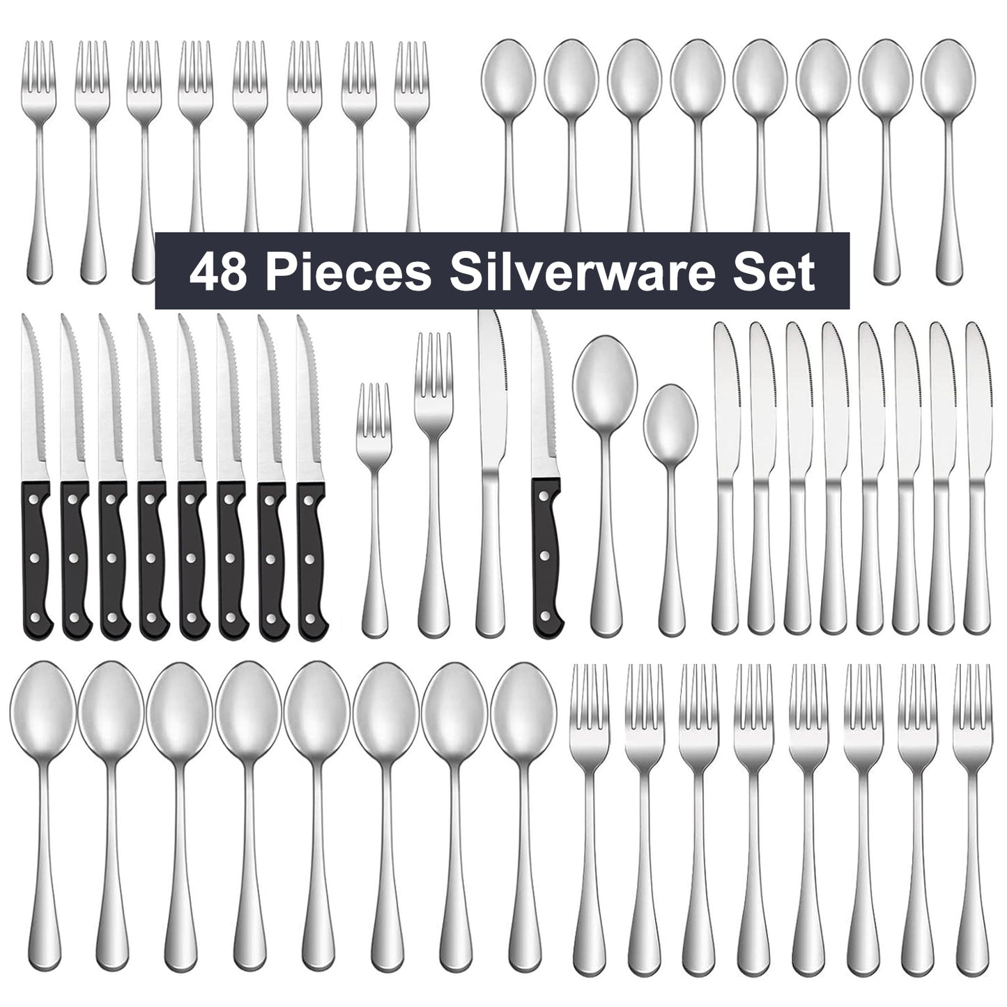 Bluebow 24-Piece Silverware Set with Steak Knives, Flatware Cutlery Set for 4, Food-Grade Stainless Steel Kitchen Tableware Set