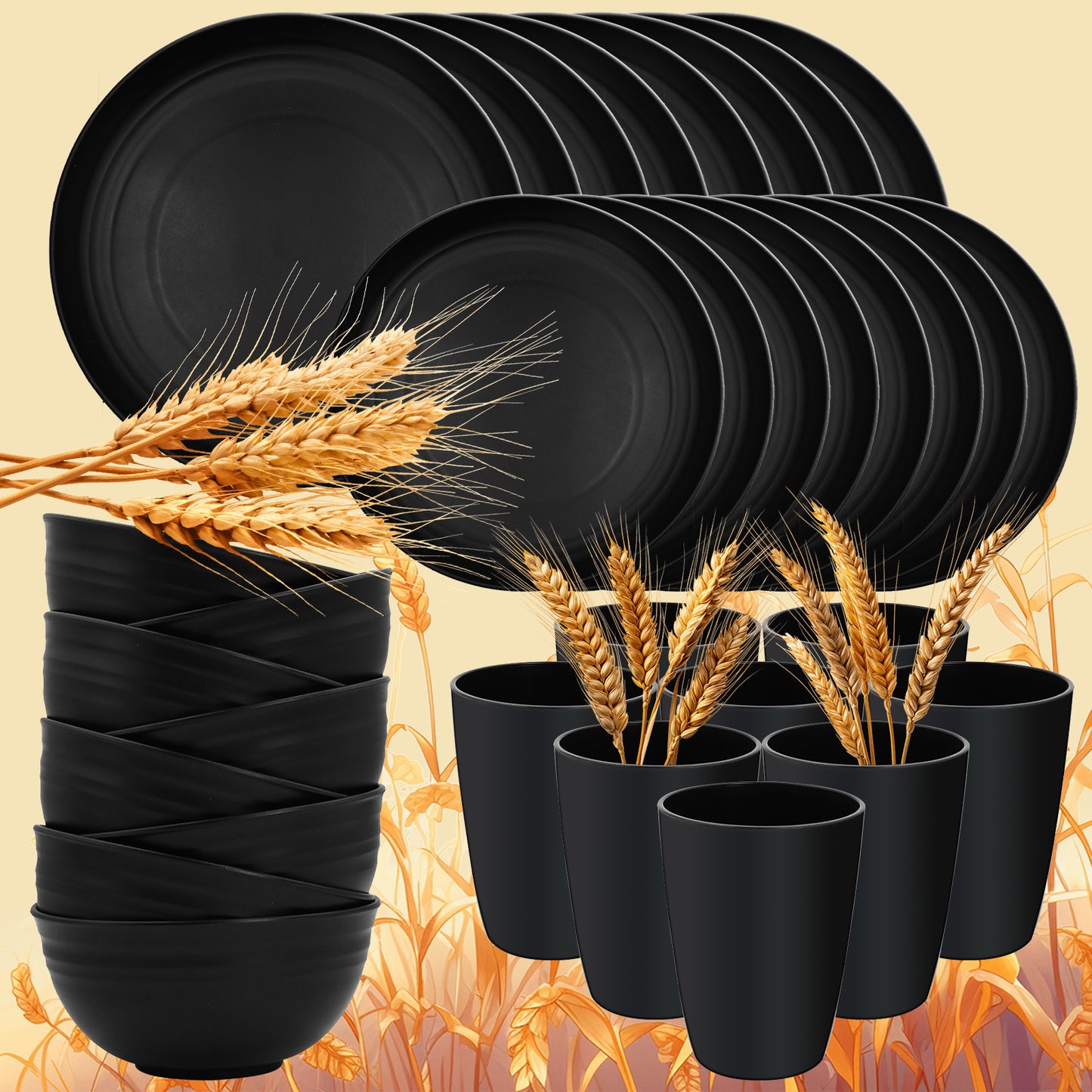 Vaparinckl Wheat Straw Dinnerware Sets 32 Pcs, Plates & Bowls Set For 8, Unbreakable, Eco-Friendly, Microwave & Dishwasher Safe, Black