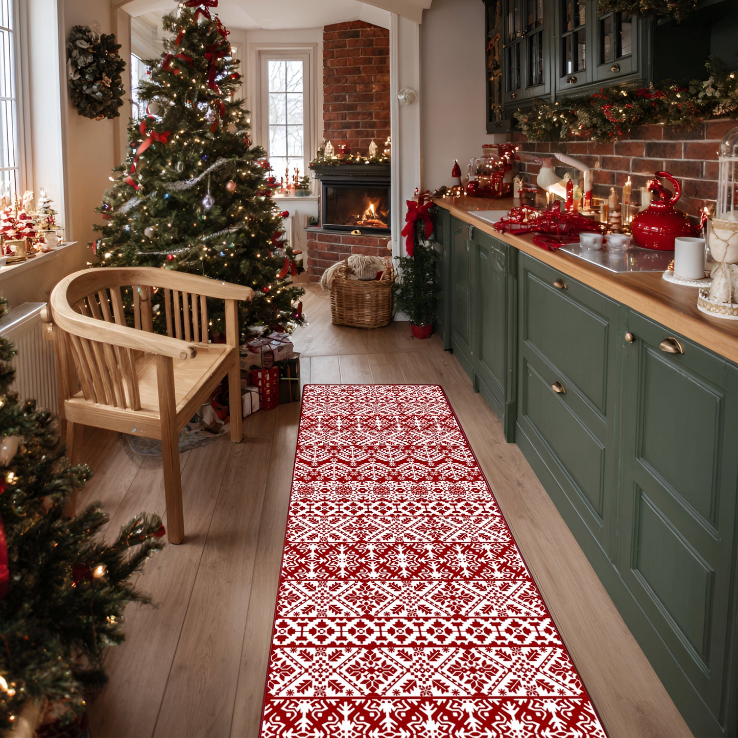 Pentantan Christmas Area Rugs, Washable Indoor Kitchen Rug for Entry Hallway Bathroom Bedroom, Vintage Soft Area Rug, Non Slip Back, Red