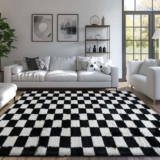 Pentantan Shag Area Rugs for Bedroom, Classic Checkered Fluffy Living Room Carpet, Black & White