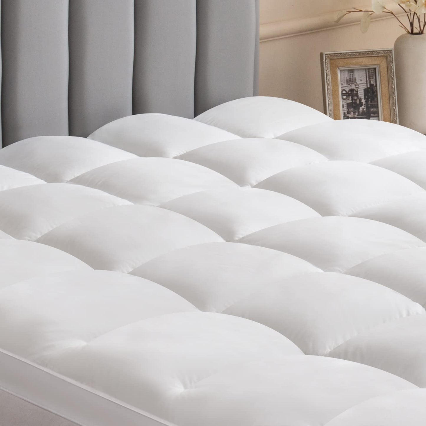 Queen Mattress Topper, Cooling Mattress Pad, 400Tc Extra Thick Cotton Mattress Cover, Fluffy Pillow Top with Snow Down Alternative Mattress Protector, 8-21" Deep Pocket, Bed Comfort