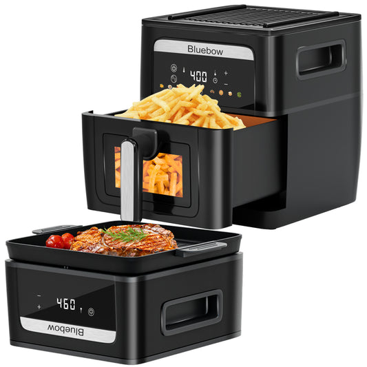 Bluebow 2-In-1 Air Fryer & Grill Pan Combo, 9QT Capacity, 8 Preset Functions, Non Toxic, Non-Stick, View Window, Black