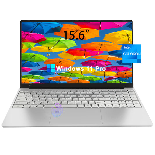 Restored 15.6" Laptop, 16GB RAM, 512GB SSD, Windows 11 Pro with 4 Core Intel Celeron N5095 Work Computer, Fingerprint Reader, Backlit Keyboard, Silver