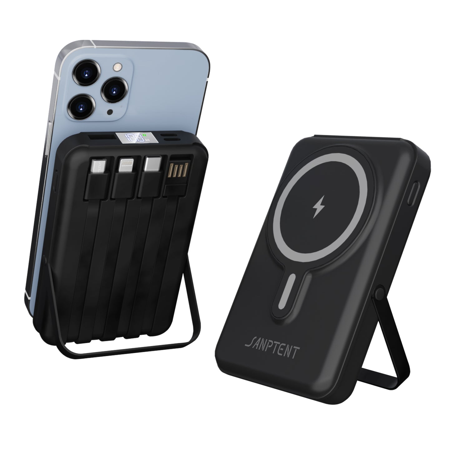 Magnetic Power Bank, 10000mAh Wireless Portable Charger with LED Display, Built-in Cables, Magsafe Charger with Foldable Stand, 22.5W PD Fast Charging for iPhone/Android, Black