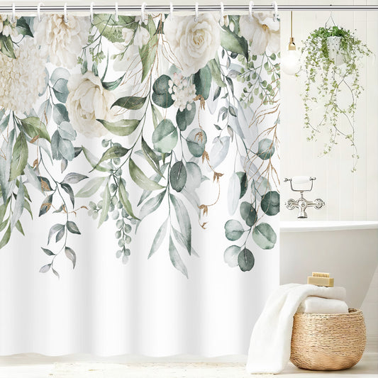 Vaparinckl Fabric Shower Curtain, Floral Watercolor Waterproof Liner Set with Hooks for Bathroom, 72"x72"