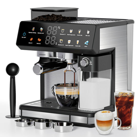 Bluebow All-in-One Espresso Machine with Grinder, 20-Bar Automatic Coffee Maker, Built-in Milk Frother for Latte & Cappuccino, Single/Double Shot Brew, Touchscreen - Stainless Steel