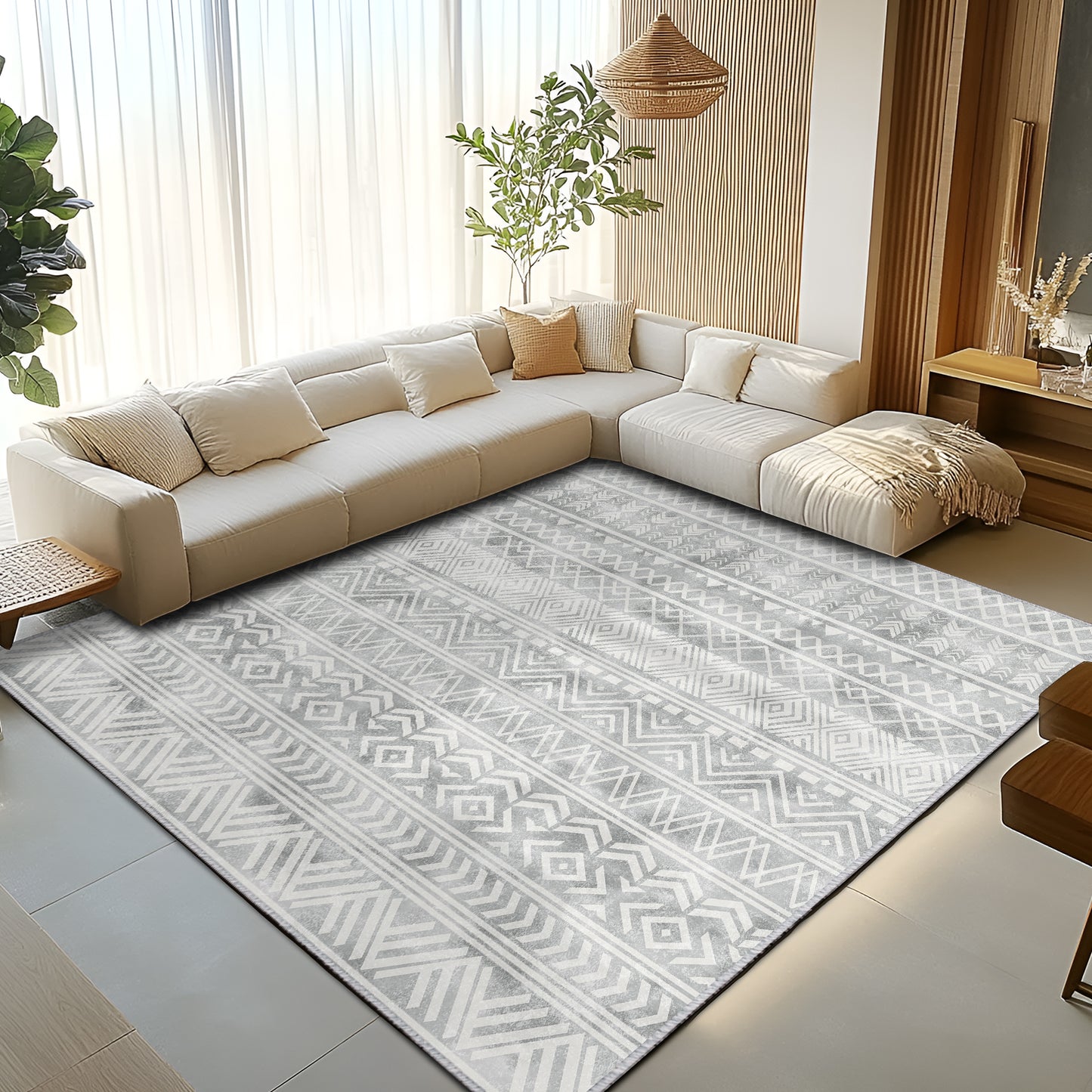 Pentantan Area Rugs, Machine Washable Neutral Geometric Living Room Rug, Soft Moroccan Indoor Carpet for Bedroom
