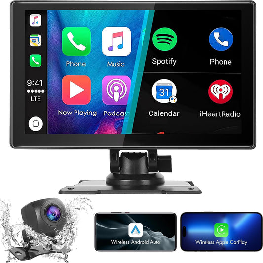 Lieucyst Portable Car Stereo, Wireless Apple CarPlay&Android Auto, 9 Inch FHD Touchscreen Car Audio Receivers Bluetooth, Backup Camera, Voice Control, GPS Navi, Mirror Link, FM, AUX/USB/TF
