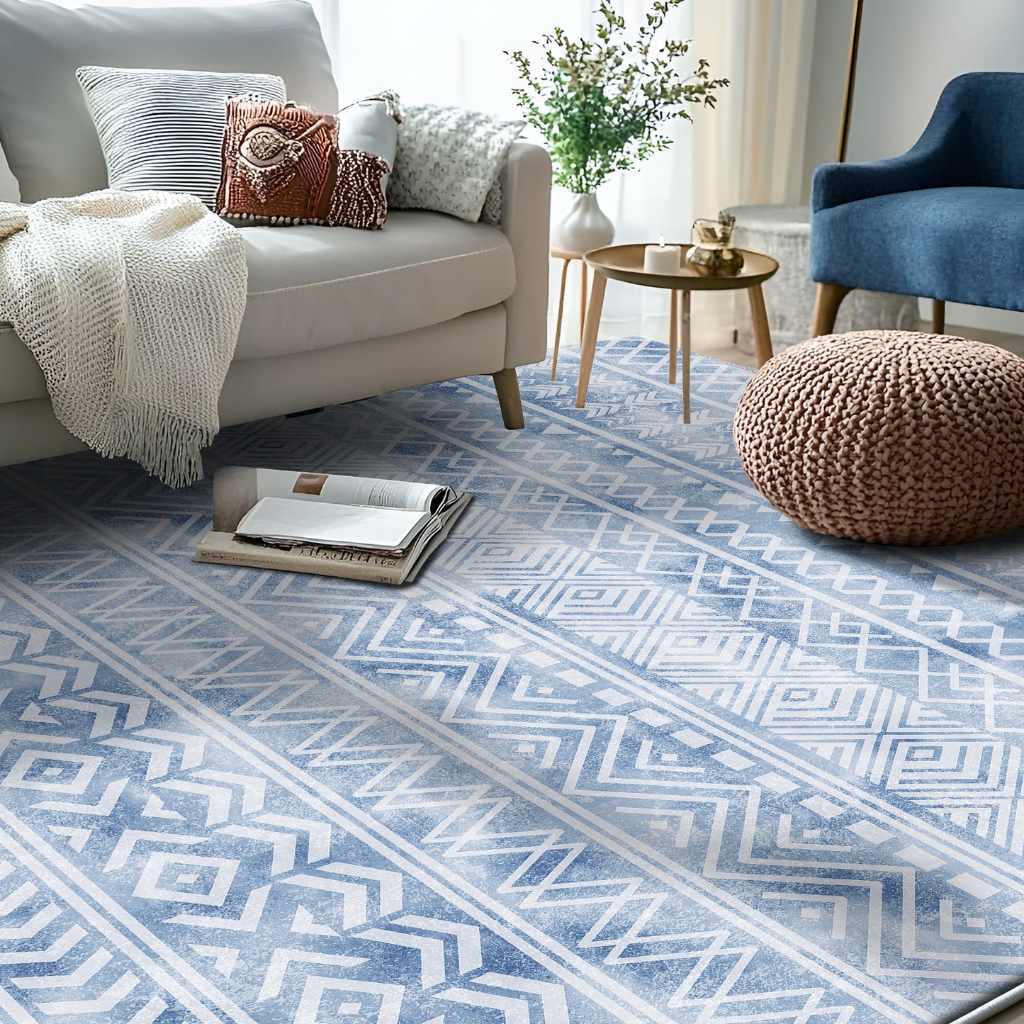 Pentantan Area Rugs, Machine Washable Neutral Geometric Living Room Rug, Soft Moroccan Indoor Carpet for Bedroom