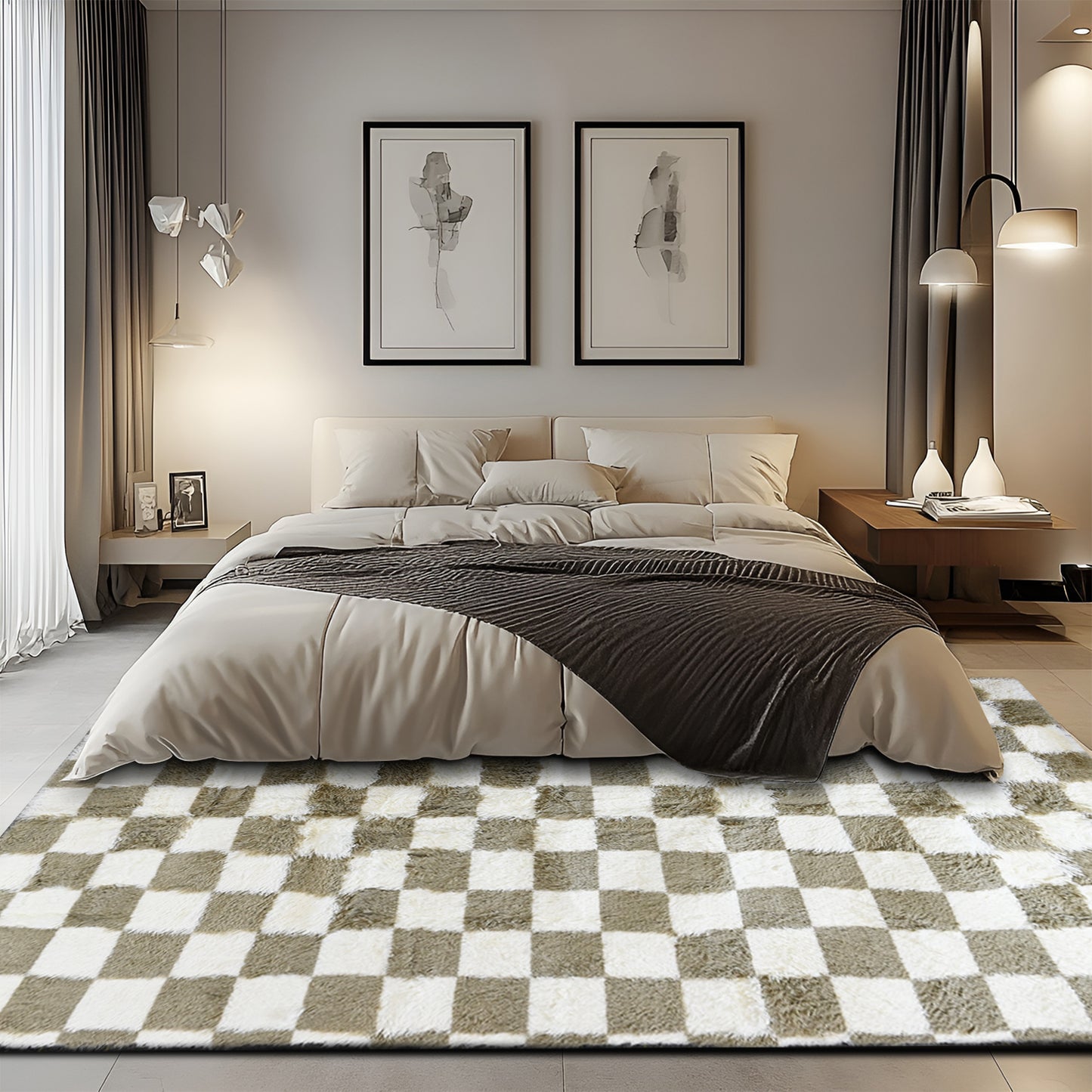 8ft x 10ft Shaggy Area Rugs for Bedroom, Classic Checkered Fluffy Living Room Carpet, Beige & White