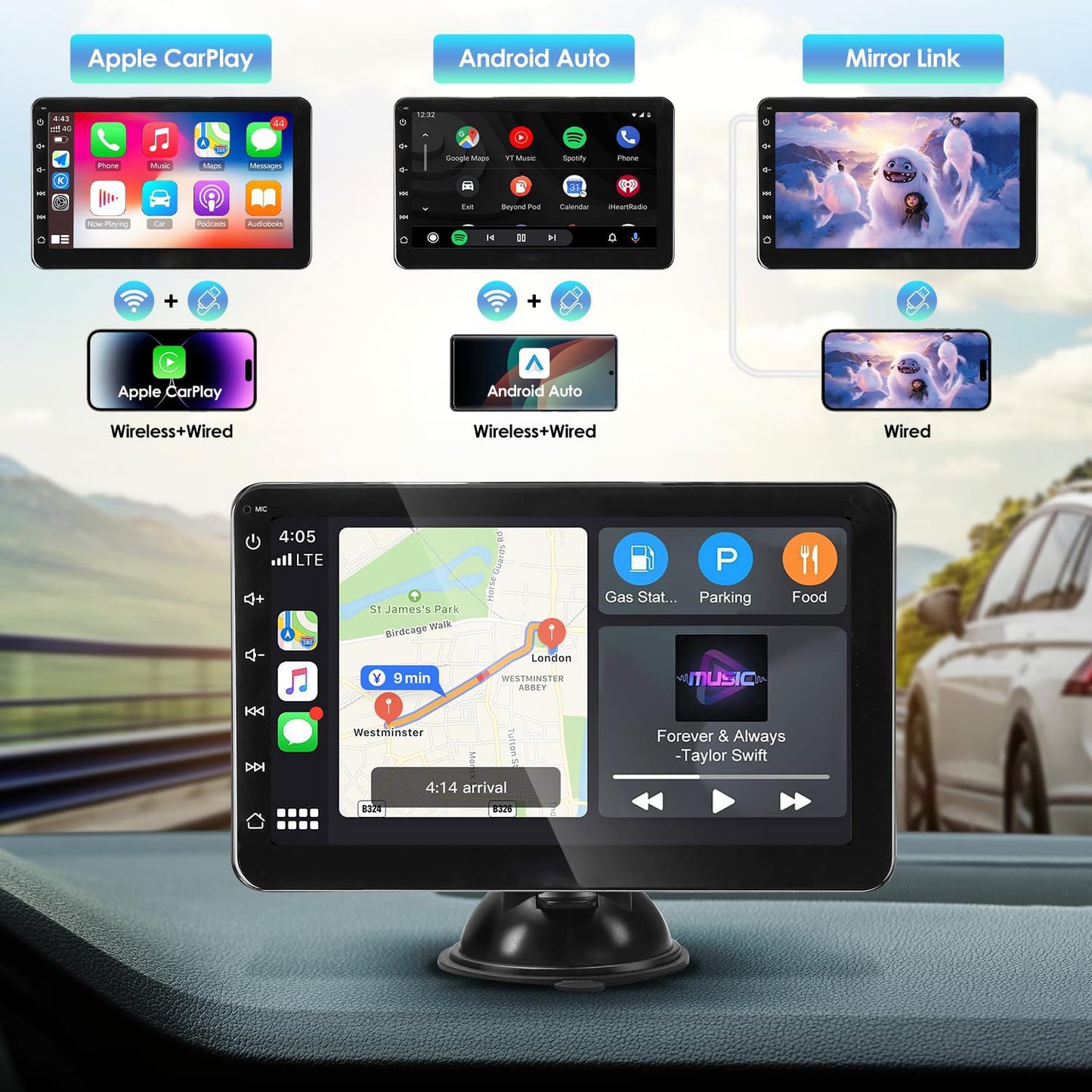 Wireless 7” Car Stereo, Portable Touchscreen Apple CarPlay & Android Auto, Car Audio Receiver with Backup Camera, Bluetooth