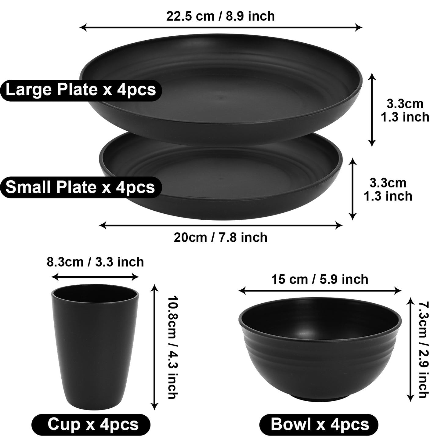 Vaparinckl Wheat Straw Dinnerware Sets 32 Pcs, Plates & Bowls Set For 8, Unbreakable, Eco-Friendly, Microwave & Dishwasher Safe, Black