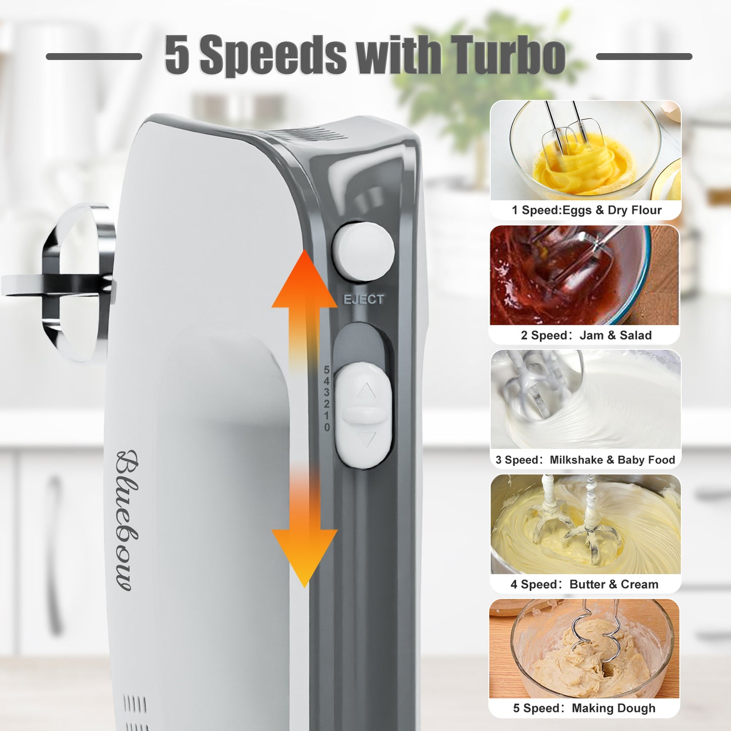 Bluebow 5-Speed Electric Hand Mixer, Handheld Mixer for Baking & Cooking, Kitchen Food Mixer with 2 Dough Hooks, 2 Whisks(Black)