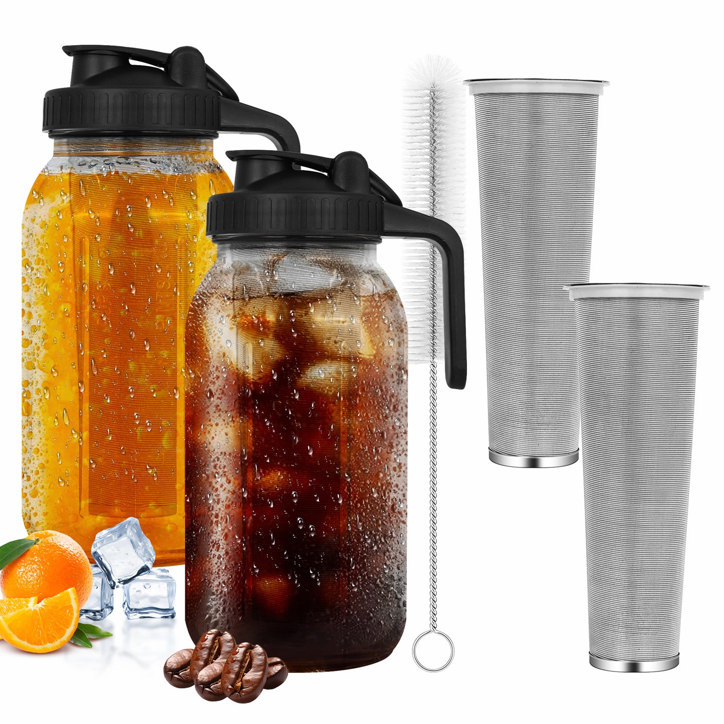 Cold Brew Coffee Maker Pitcher, Glass Pitcher Set with Glass Pitcher, Stainless Steel Filter, Cleaning Brush, 64 oz