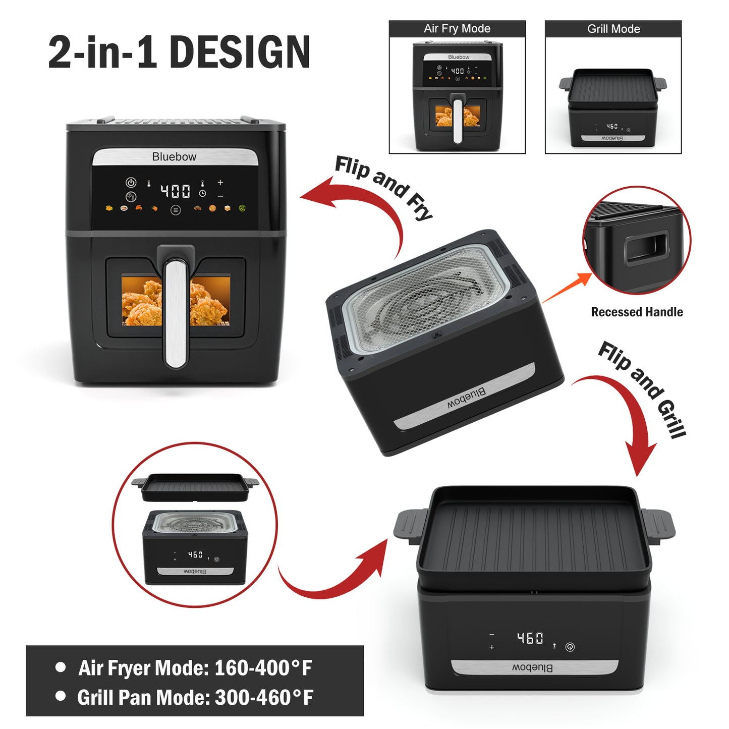 Bluebow 2-In-1 Air Fryer & Grill Pan Combo, 9QT Capacity, 8 Preset Functions, Non Toxic, Non-Stick, View Window, Black