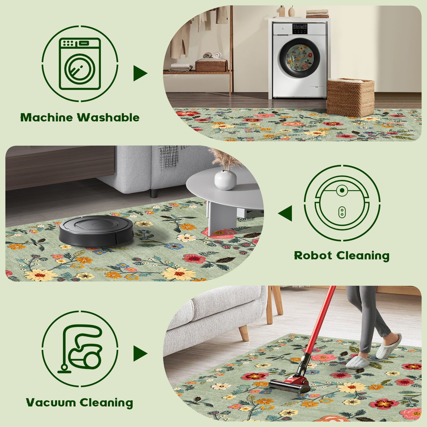 Pentantan 9'x12' Floral Area Rugs, Machine Washable Rug for Living Room- Soft Indoor Carpet, Low Pile for Bedroom, Dining Room, Playroom, Office, Green