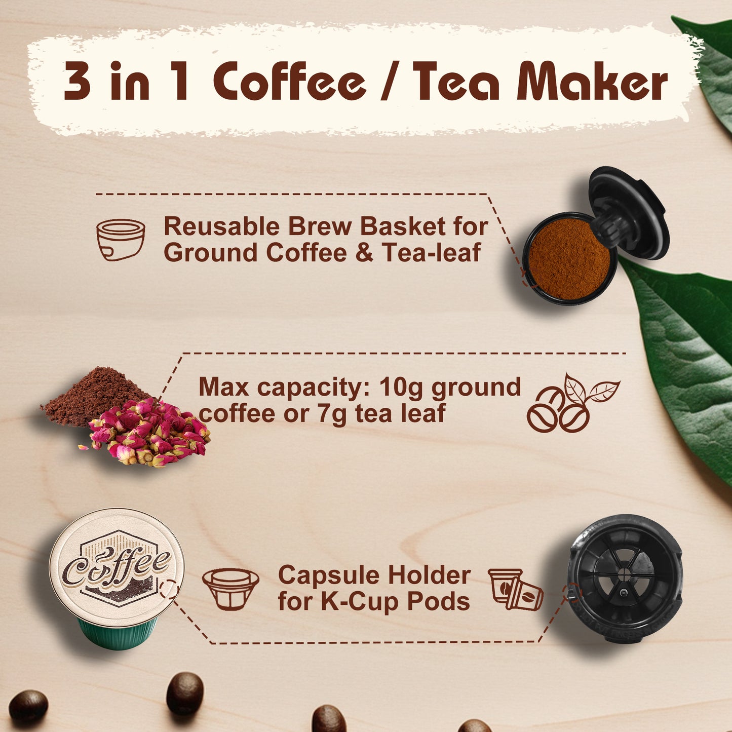 Bluebow Single Serve Coffee Maker for K Cup & Ground Coffee& Tea, Capsule Coffee Machine, 6-12oz Brew Size, Black