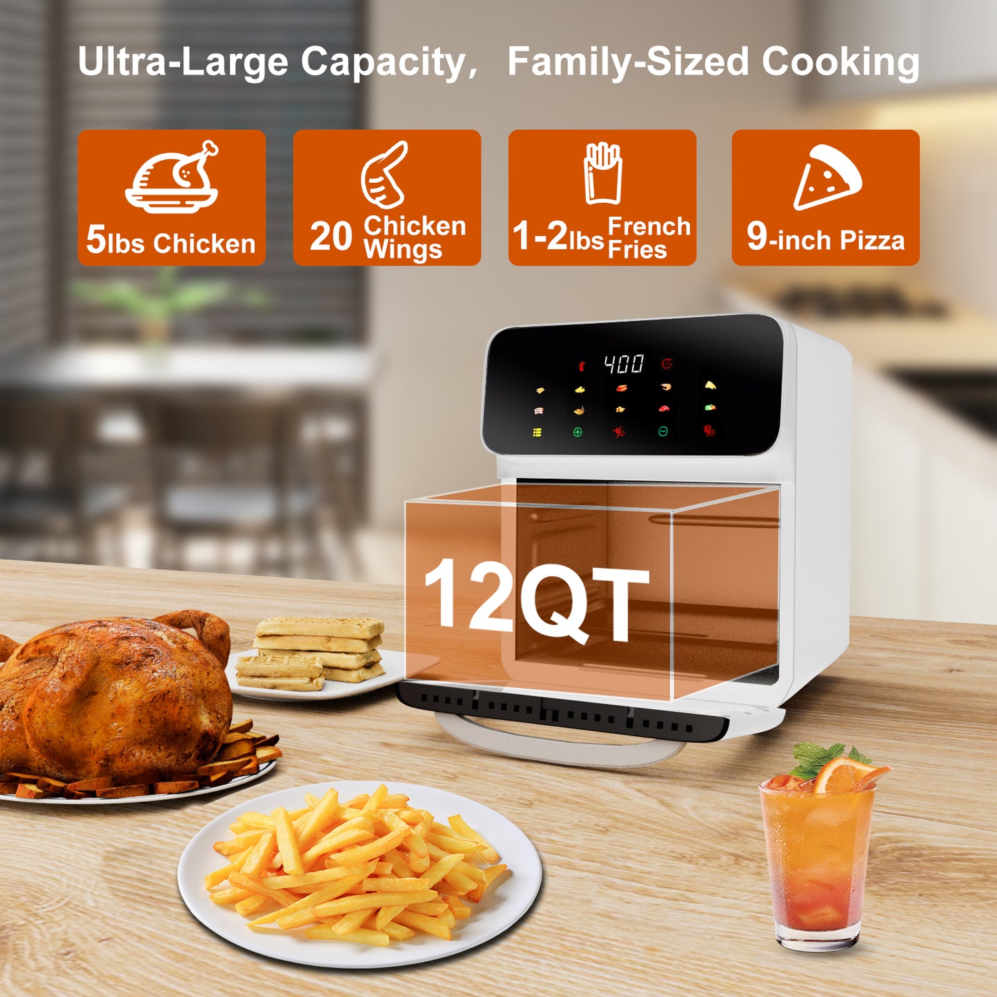 Bluebow Air Fryer 12QT Convection Oven with 10-in-1 Multi Function, Visible Window and Touchscreen, White