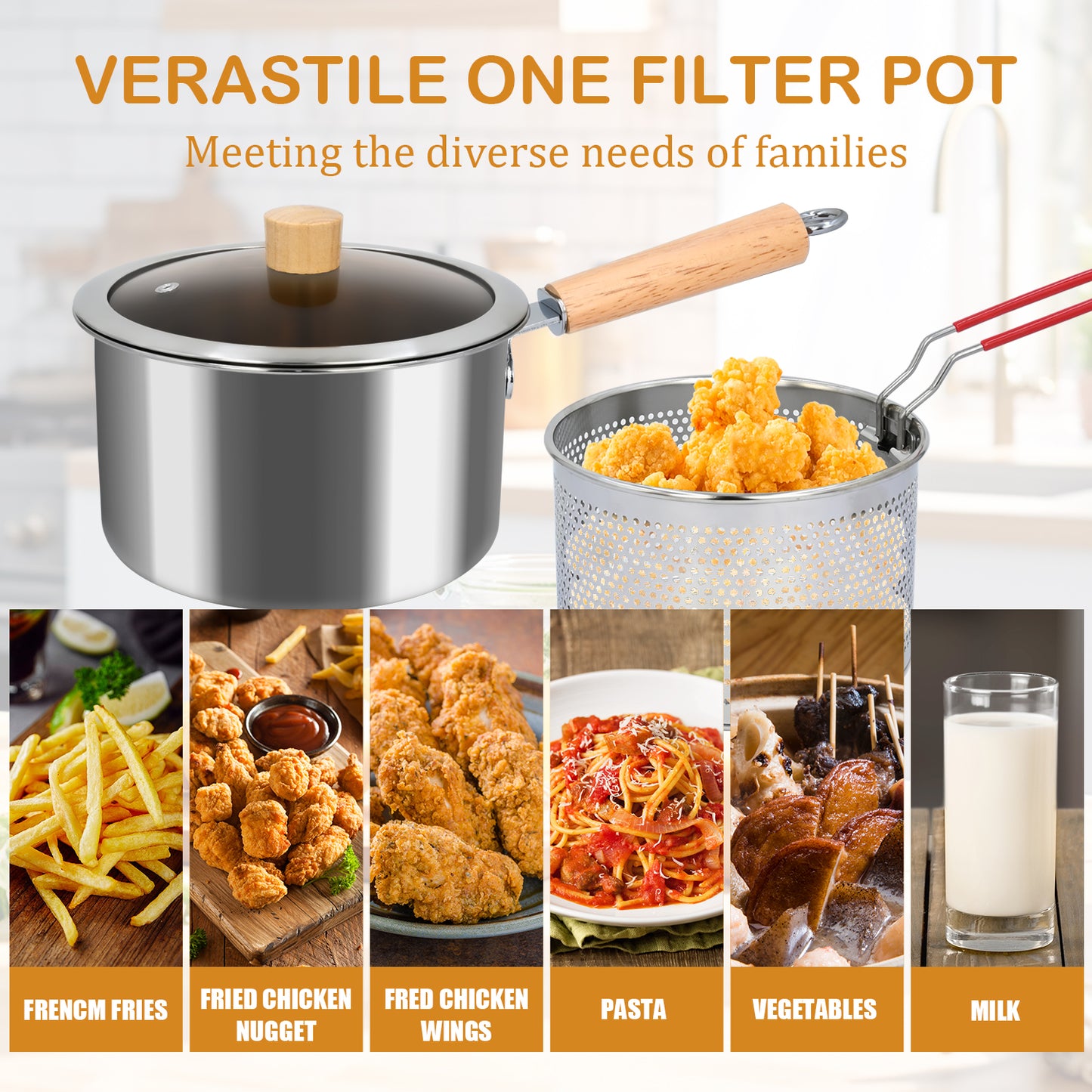 Deep Fryer Pot, Stainless Steel Fryer Pot with Basket and Handle, 3QT Oil Strainer Pot with View Window
