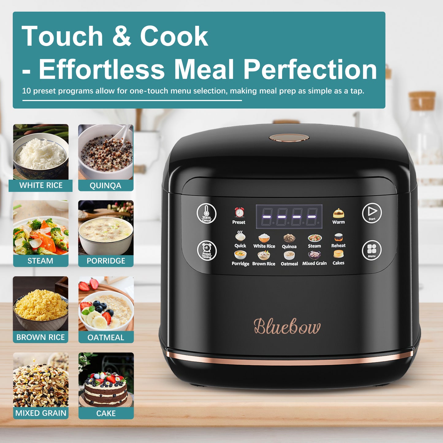 Bluebow Digital Rice Cooker, 6-Cup/2.1QT Small Rice Maker, 10 Presets, 24-Hour Delay Timer & Keep Warm, Non-Stick Inner Pot