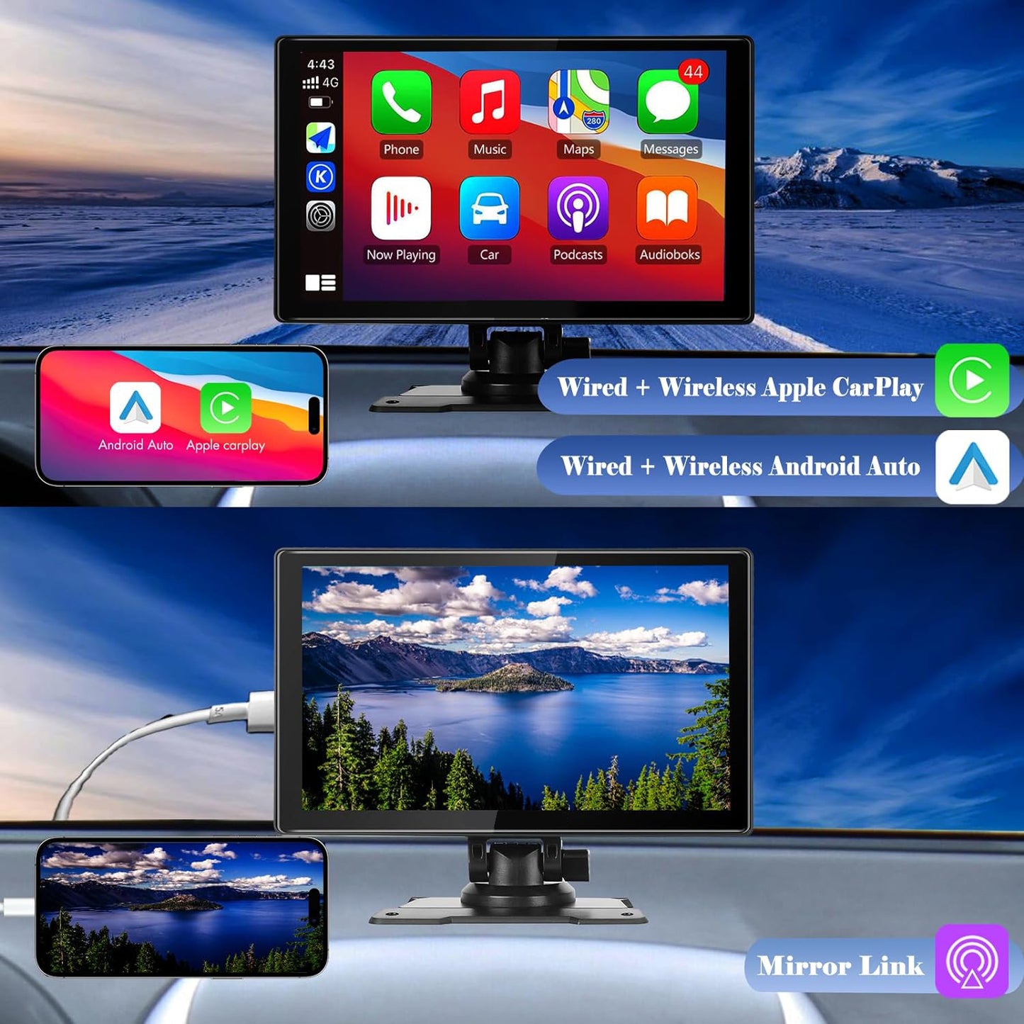 Lieucyst Portable 9" Car Stereo, Wireless Apple Carplay Dash Mount with Siri/Fm, Backup Camera
