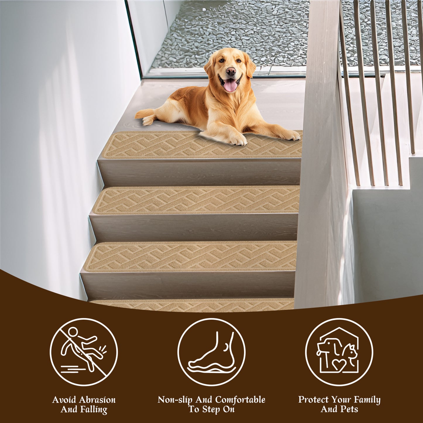 Pentantan Stair Treads for Wooden Steps, 15 Pack 8"x30" Non-Slip Stair Treads, Indoor Machine Washable Stair Runners for Elders and Pets, Beige