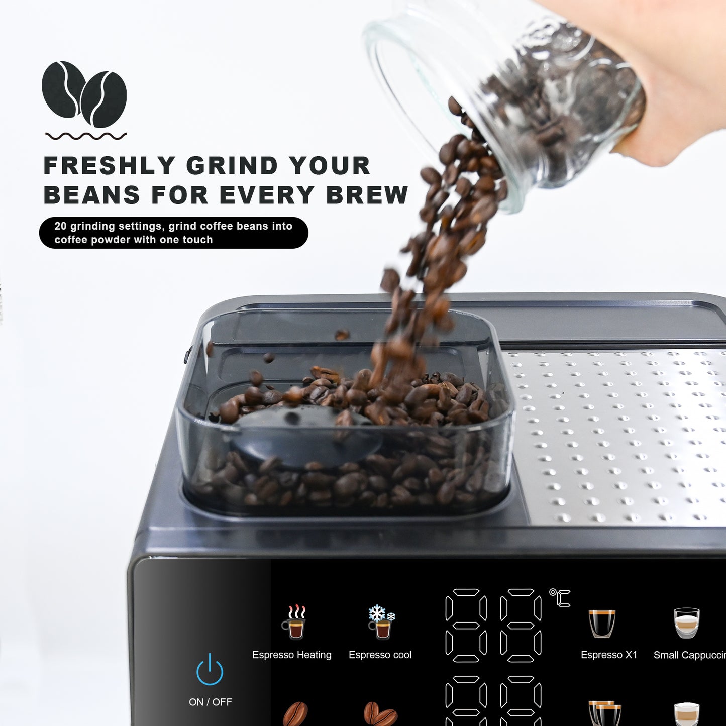 Bluebow All-in-One Espresso Machine with Grinder, 20-Bar Automatic Coffee Maker, Built-in Milk Frother for Latte & Cappuccino, Single/Double Shot Brew, Touchscreen - Stainless Steel