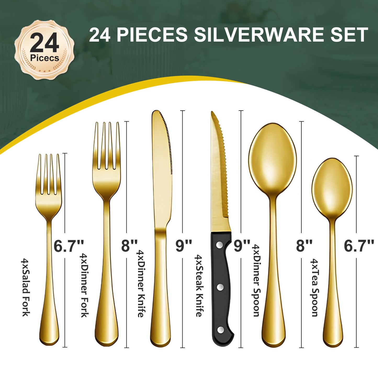 Bluebow 24-Piece Golden Silverware Set with Steak Knives, Flatware Cutlery Set for 4, Food-Grade Stainless Steel Kitchen Tableware Set