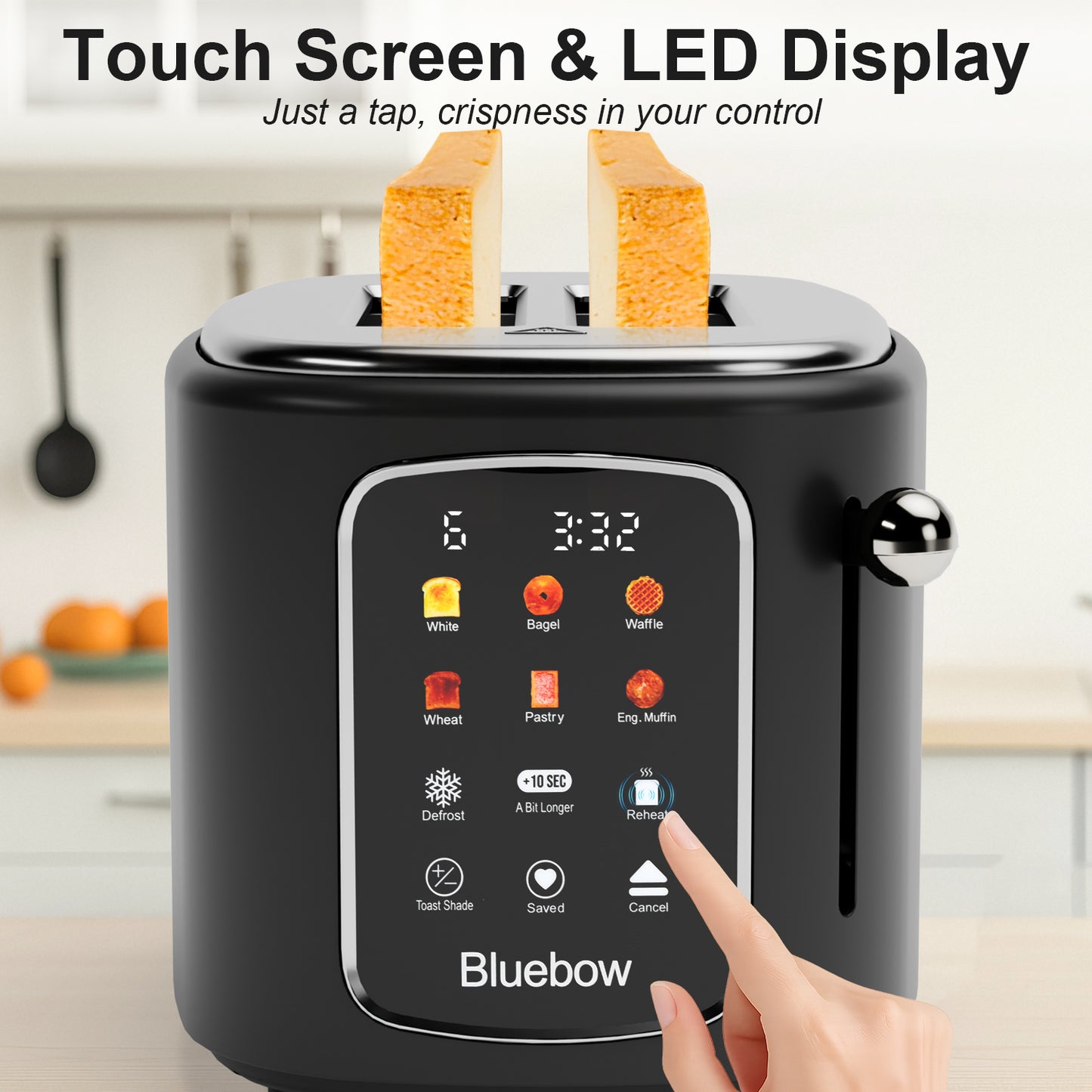 Bluebow 2-Slice Touchscreen Toaster, Removable Tray, Kitchen Appliances, Apartment Essentials (Black)