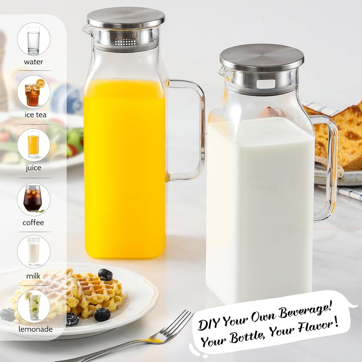 Glass Pitcher with Stainless Steel Lid, 64 oz Carafe for Water, Juice, Iced Tea, Coffee