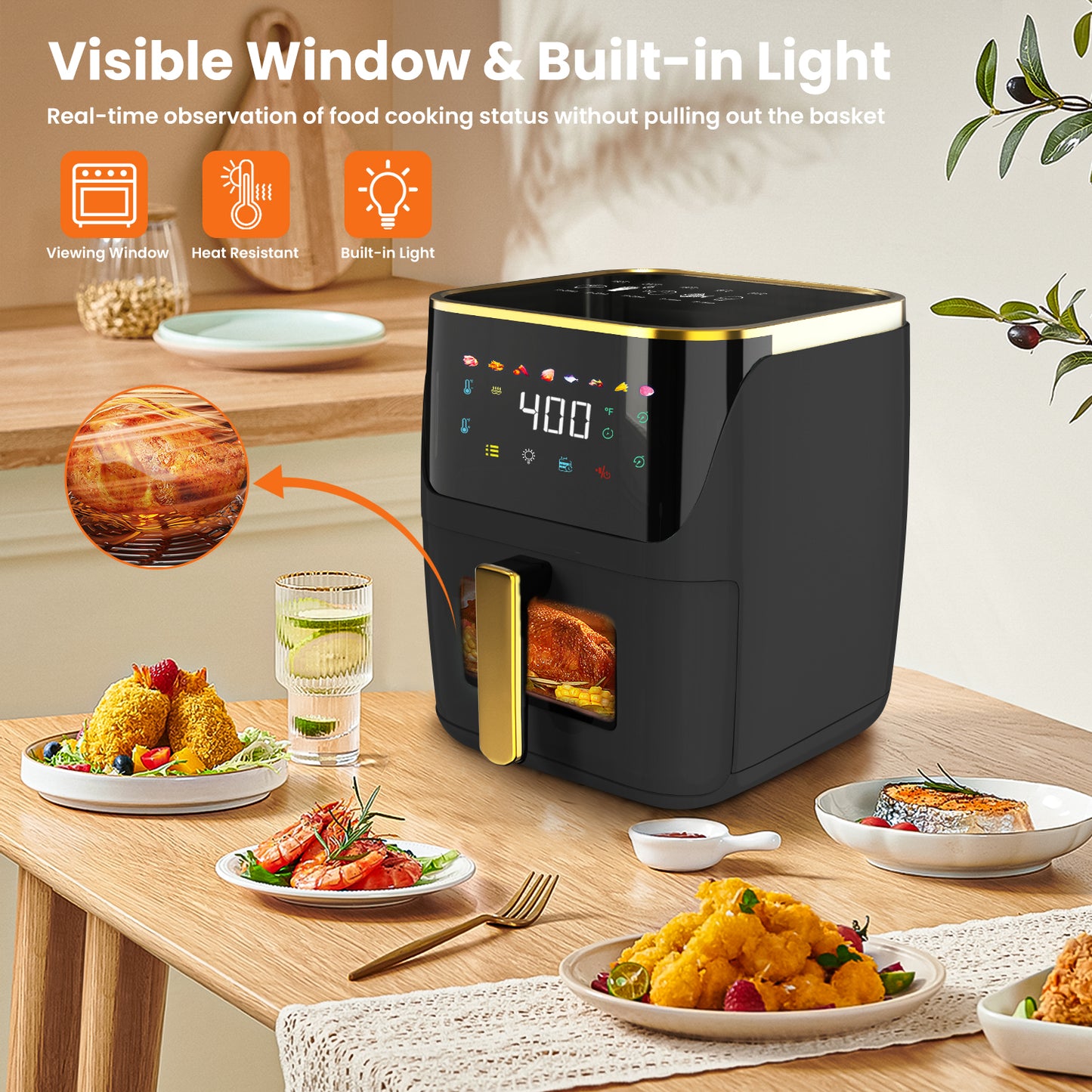 Bluebow Newest Air Fryer Large 8.5 QT, White, 8 in 1 Touch Screen, Visible Window, 1750W