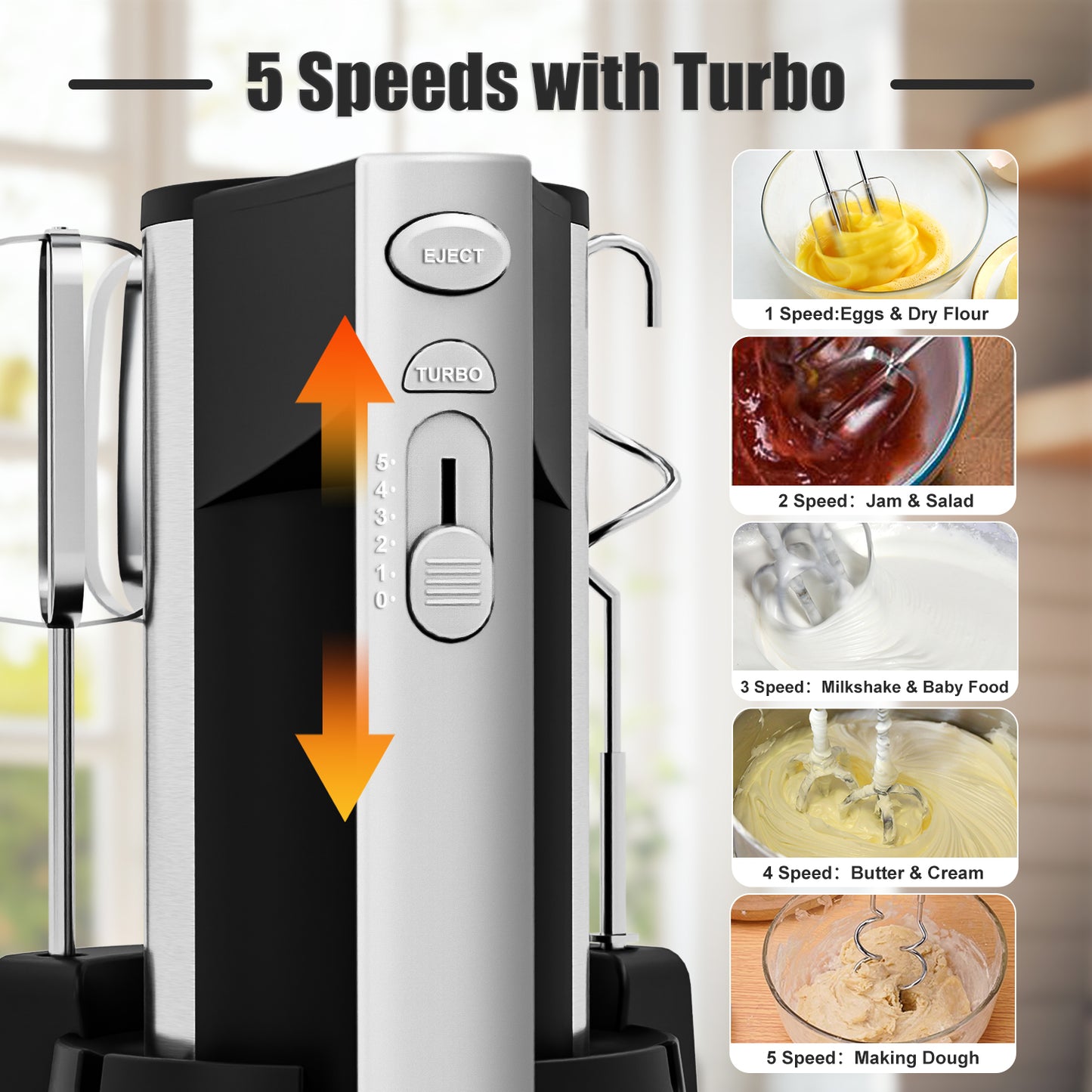 Bluebow Electric Hand Mixer, 5 Speed with Turbo, Kitchen Handheld Mixer with Stainless Steel Whisk, Dough Hook Attachment and Storage Base