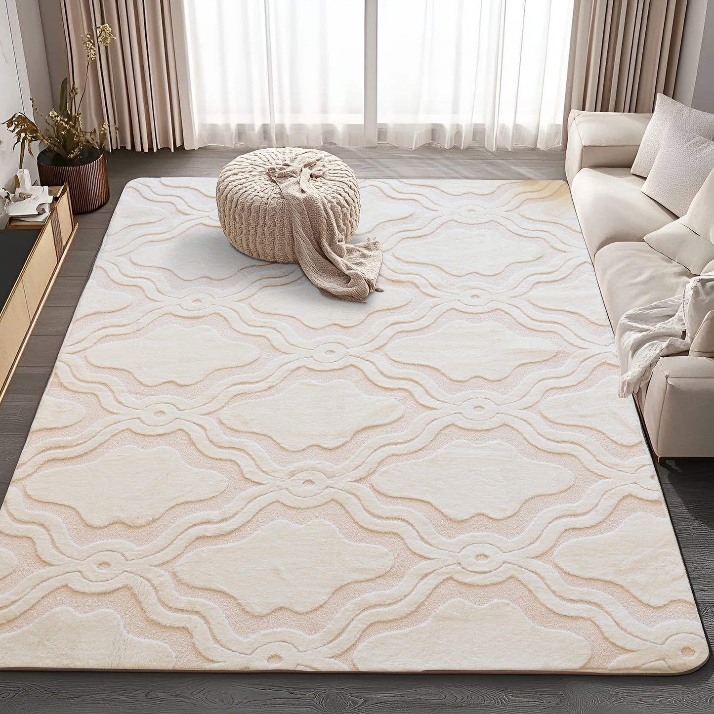 5ft x 8ft Shaggy Area Rugs for Bedroom, Modern Geometric Fluffy Living Room Carpet, Beige & White