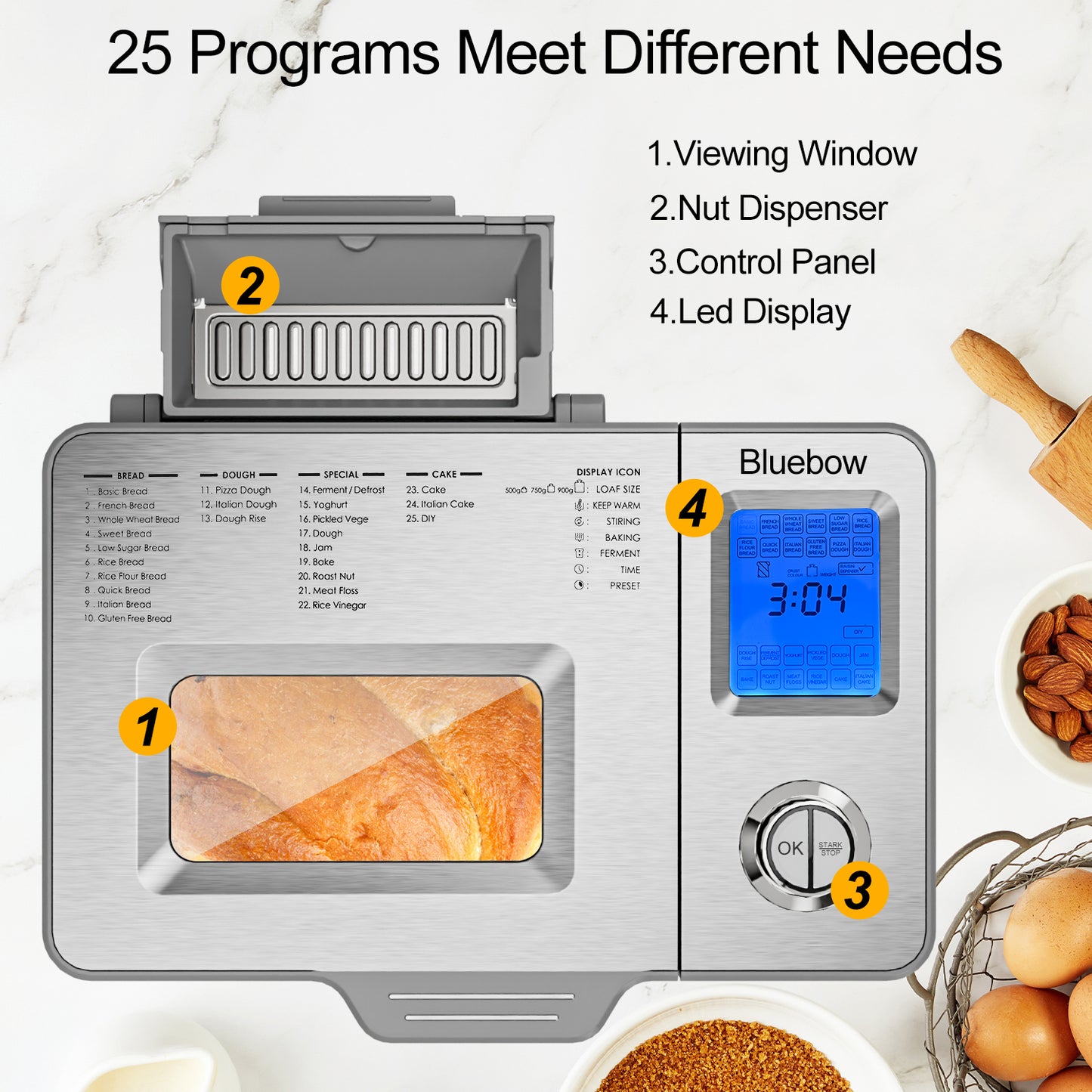 Bluebow 25-in-1 Bread Maker, 2LB Bread Machine with Auto Fruit/Nut Dispenser, Gluten-Free Setting, Keep Warm&13H Delay Timer, Stainless Steel