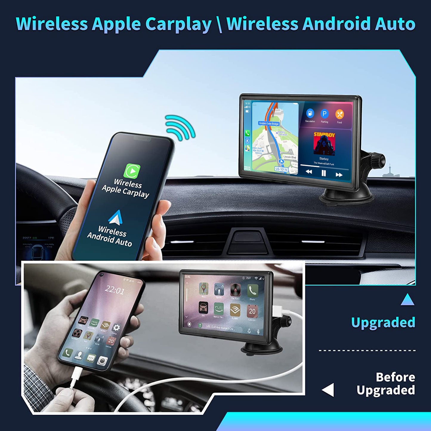 Lieucyst Portable Wireless Car Stereo, 7 inch Full HD Touchscreen, Apple CarPlay & Android Auto, New