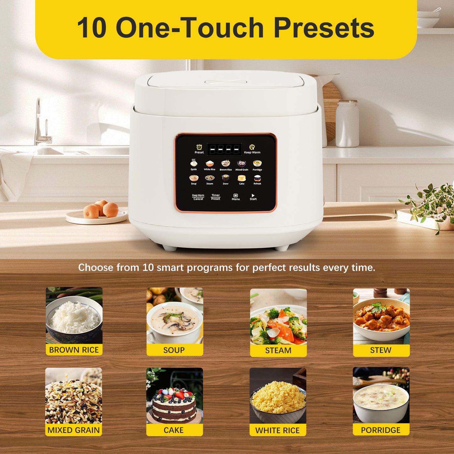Bluebow Digital Rice Cooker, 10-Cups/5.3QT Rice Maker, 10-in-1 Smart Multi-Cooker, 24-Hour Timer & Keep Warm, Non-Stick Inner Pot, White