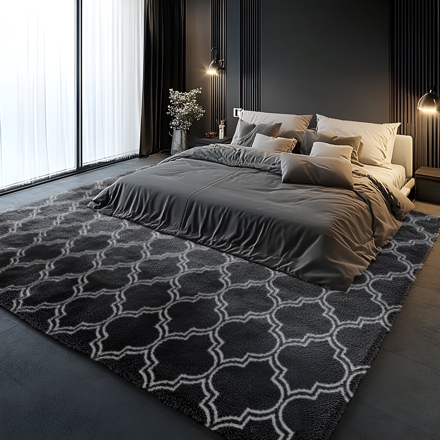 5ft x 8ft Geometric Shaggy Area Rugs for Bedroom, Moroccan Fluffy Living Room Carpet, Dark Gray