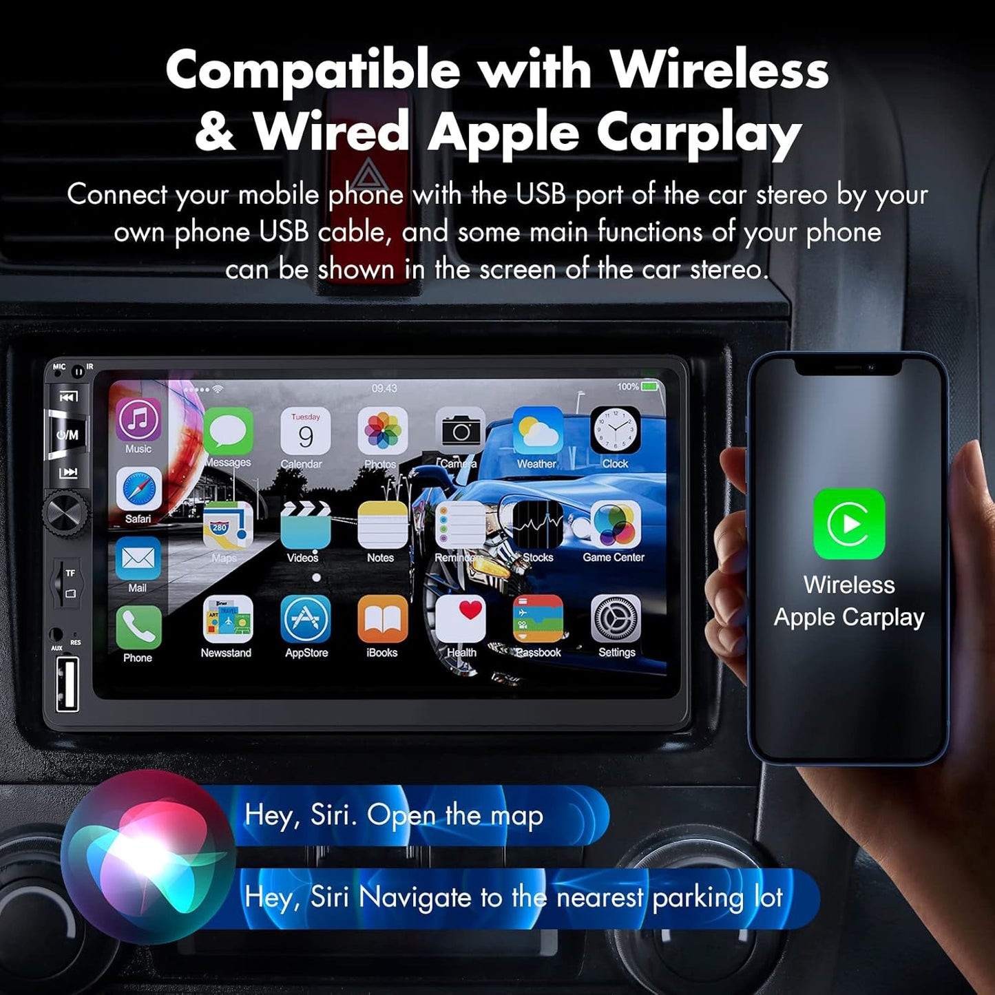 Lieucyst Double Din Car Stereo with Wireless Apple CarPlay and Android Auto, 7-Inch FHD Touchscreen Car Audio Receiver with Bluetooth, FM, Subwoofer, Backup Camera, USB/TF/AUX Port